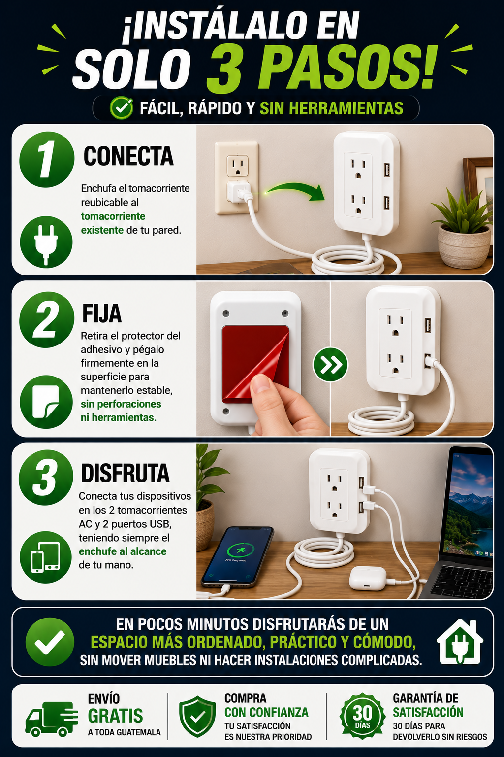 Extensor de Tomacorriente con 2 Puertos USB