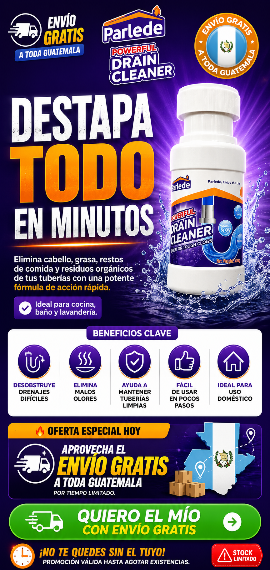 Destapa Tuberías en Minutos | Envío Gratis a toda Guatemala.