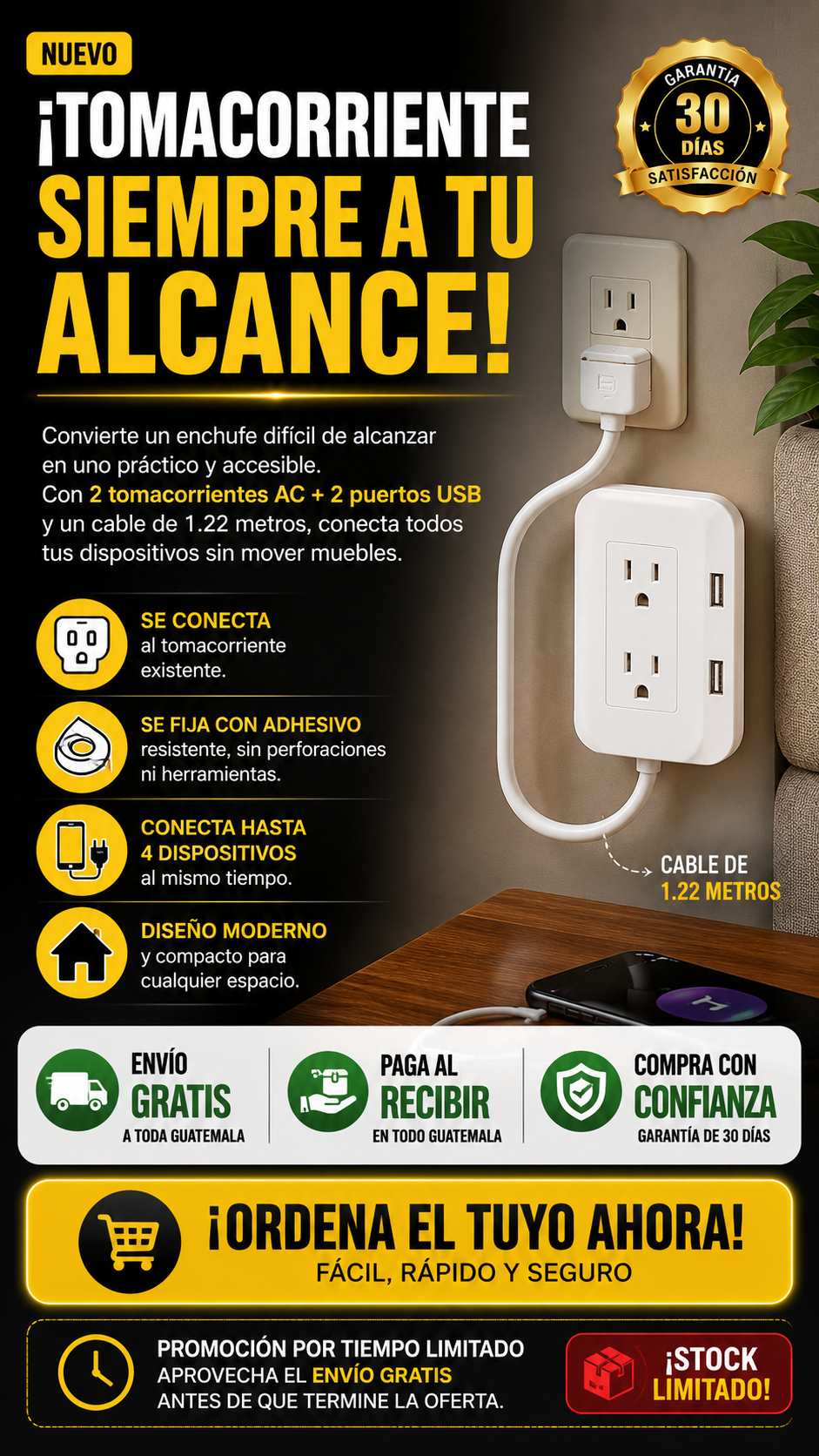 Extensor de Tomacorriente con 2 Puertos USB