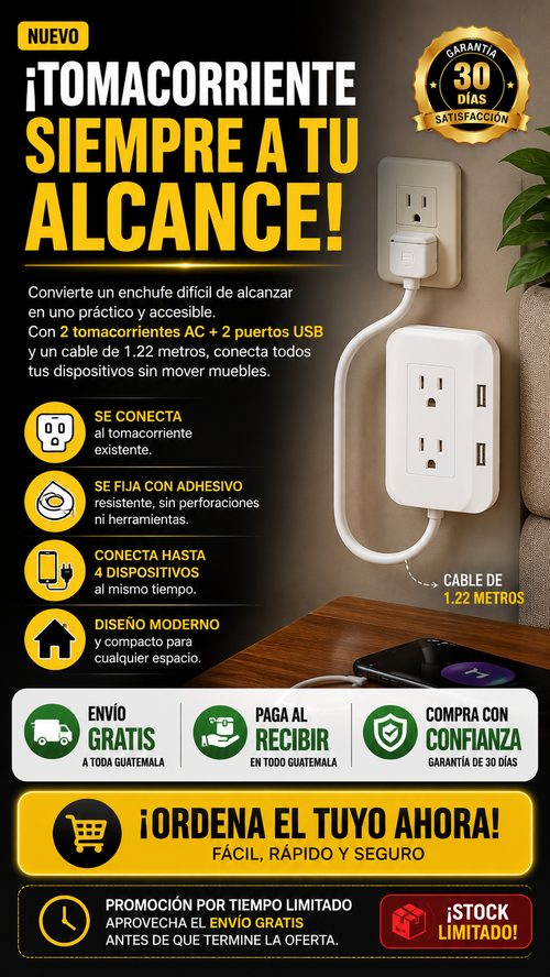 Extensor de Tomacorriente con 2 Puertos USB