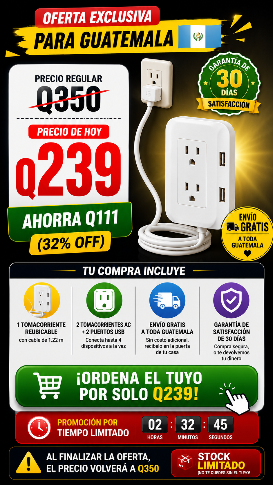Extensor de Tomacorriente con 2 Puertos USB