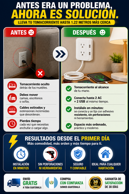 Extensor de Tomacorriente con 2 Puertos USB