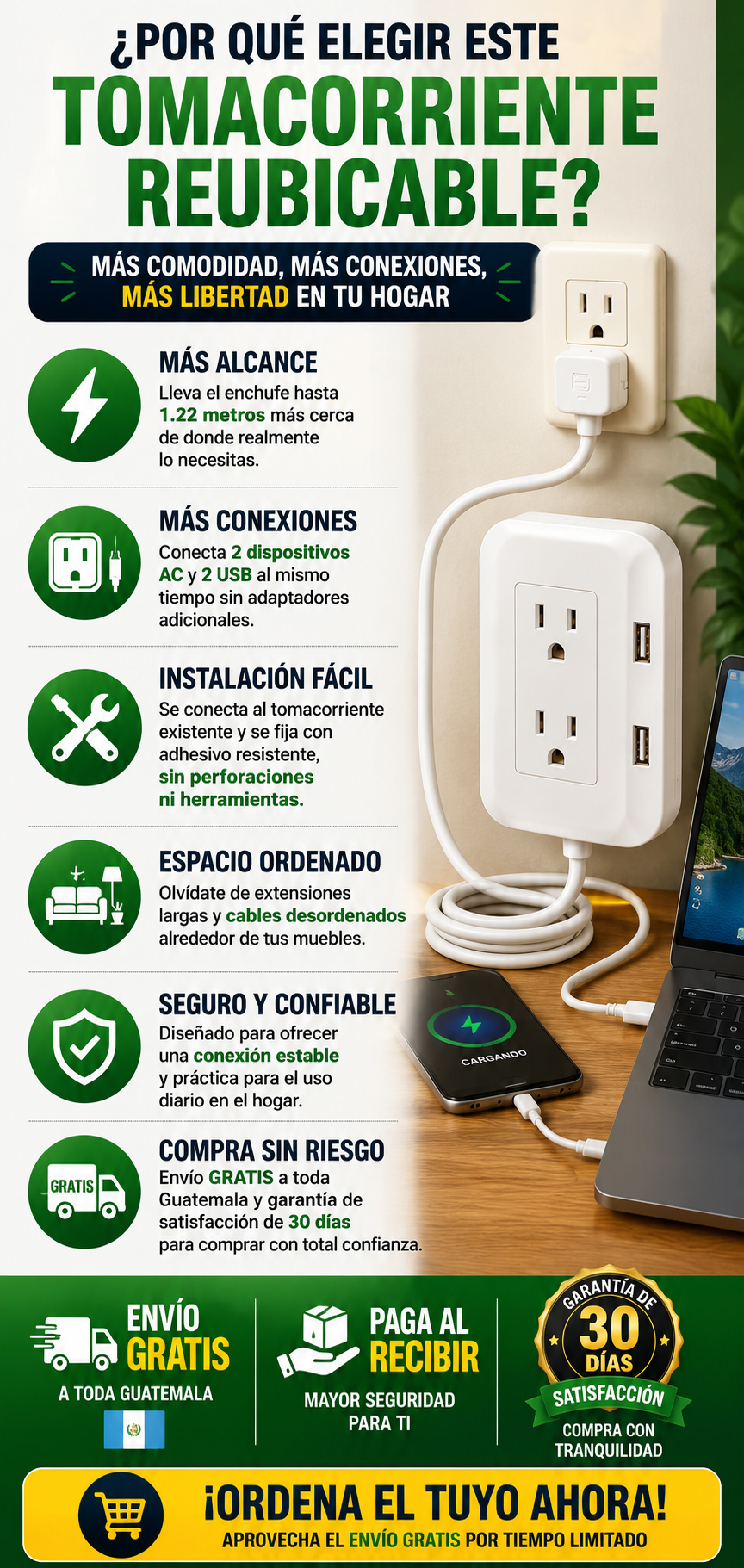 Extensor de Tomacorriente con 2 Puertos USB