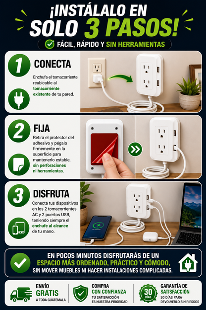 Extensor de Tomacorriente con 2 Puertos USB